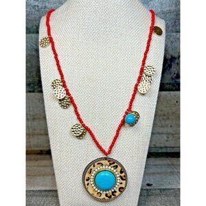 Plunder Necklace COLE - RED BEADED CHAIN,GOLD CIRCLES 33.5"-35.5"  New in Box